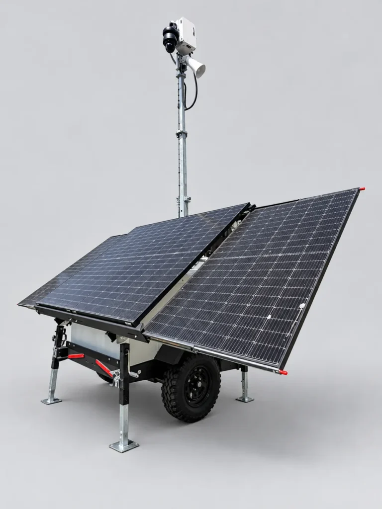 Solar-powered mobile surveillance tower used on a residential rehabilitation project