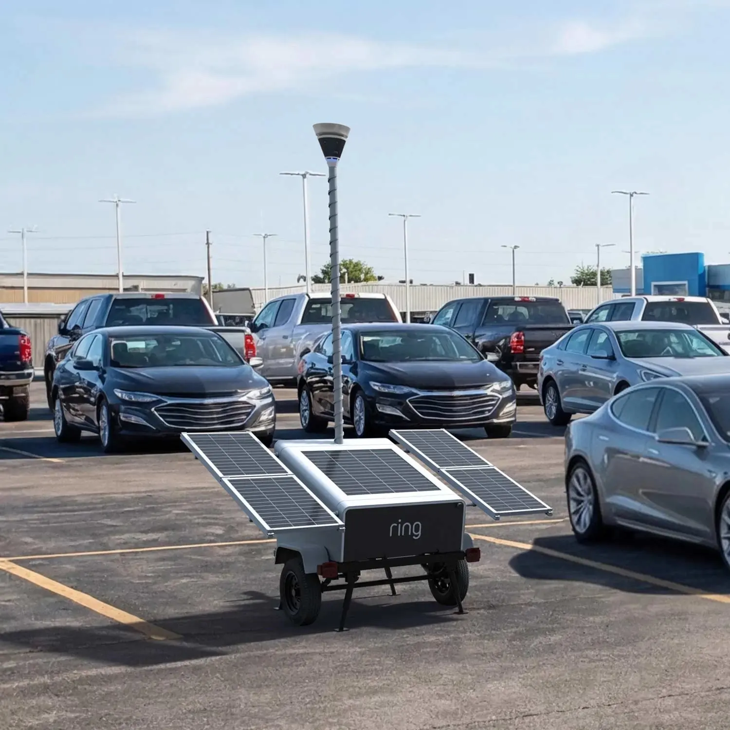 Ring Mobile Security Tower watching a car dealership lot