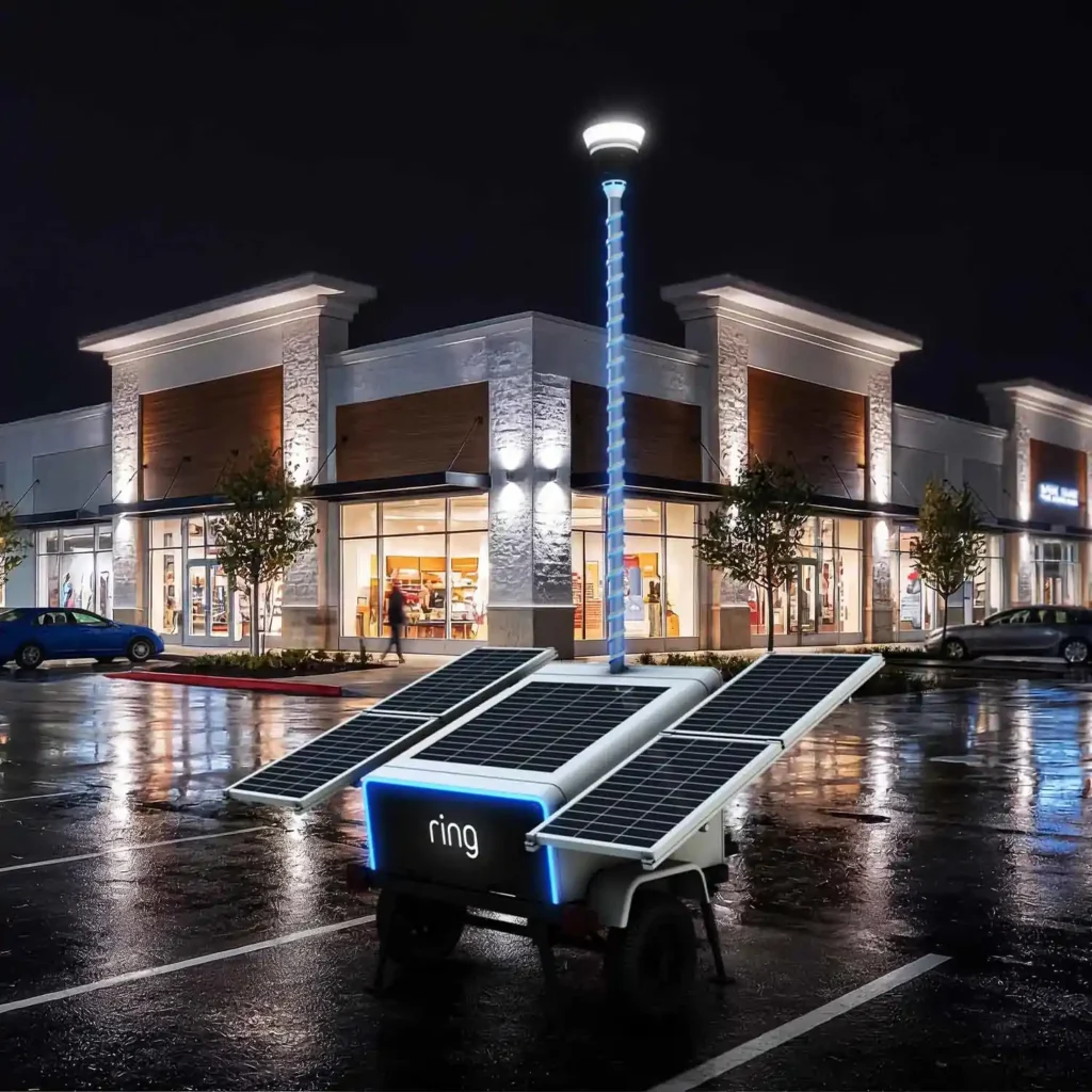 Ring Mobile Security Tower lights on at a strip mall at night