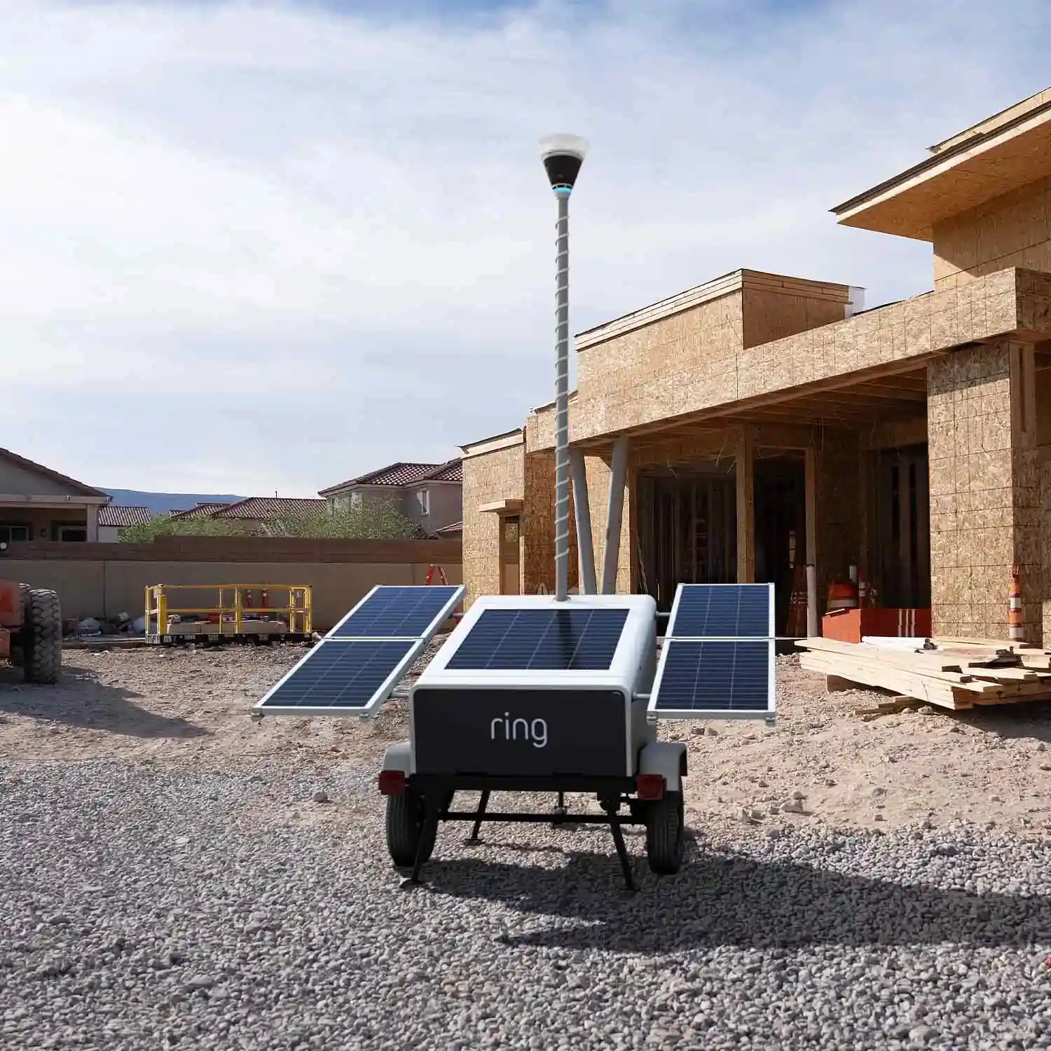 Ring Mobile Security Tower on a trailer with solar panels at a construction site